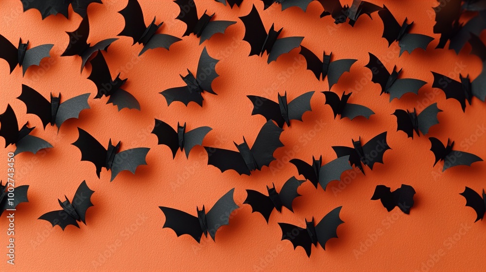 Black paper bats scattered on an orange background. Halloween decor. Black paper bats scattered on an orange background. Halloween decor.