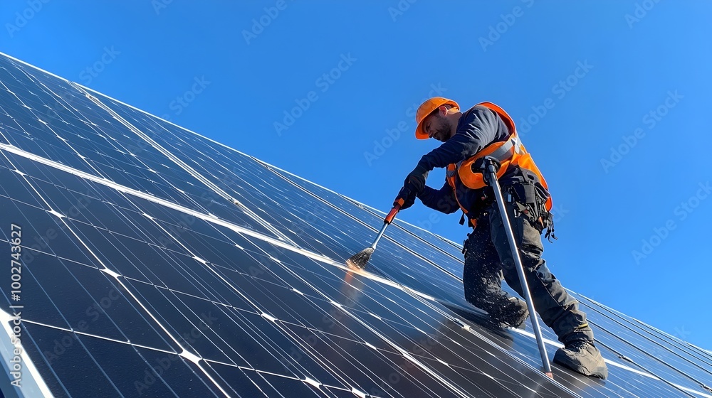 custom made wallpaper toronto digitalWorker Carefully Cleaning Rooftop Solar Panels on Sunny Day