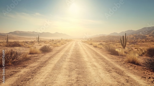 A dusty road winding through a vast, barren desert