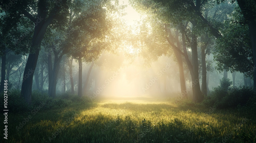 A foggy forest at sunrise, with diffused light gently breaking through the mist A foggy forest at sunrise, with diffused light gently breaking through the mist