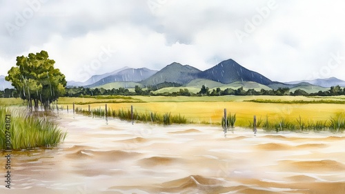 Flooded farmland, waterlogged fields, distant mountains under heavy rain, Watercolor style photo