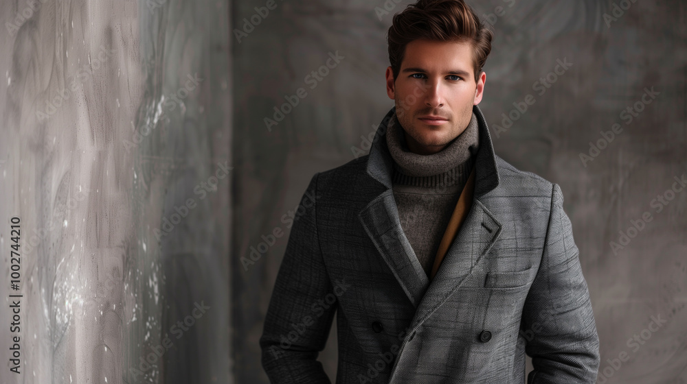 fashion portrait of a not shaved Caucasian man with a beard in a gray coat on an abstract textured background fashion portrait of a not shaved Caucasian man with a beard in a gray coat on an abstract textured background