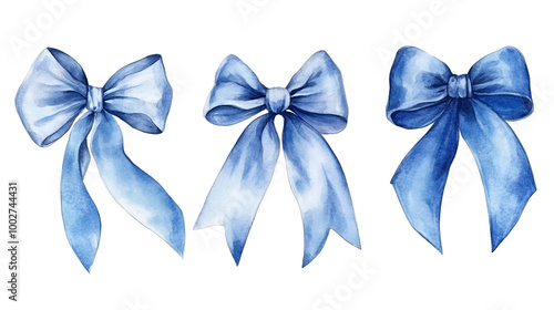 set of Trendy Blue Coquette ribbon bow Watercolor hand painting soft pastel.