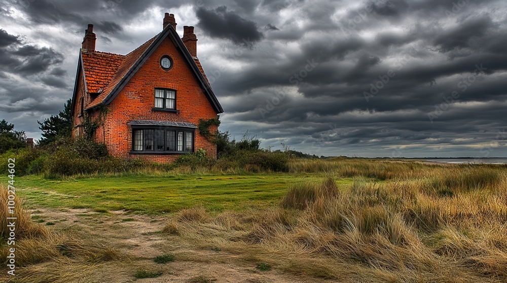 Fototapeta premium A red brick house sitting in the middle of a grassy field