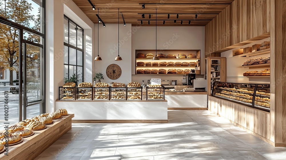 Modern bakery interior with a variety of bread on display Modern bakery interior with a variety of bread on display
