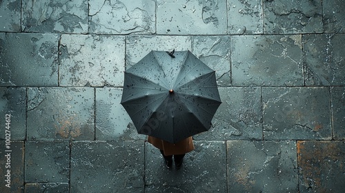 top view of a person holding a black umbrella in the rain - concept of loneliness and depression photo