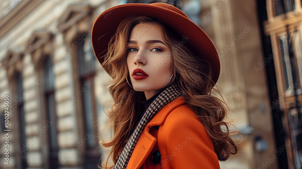 fashion portrait of a Caucasian woman in a red coat and hat with bright makeup fashion portrait of a Caucasian woman in a red coat and hat with bright makeup