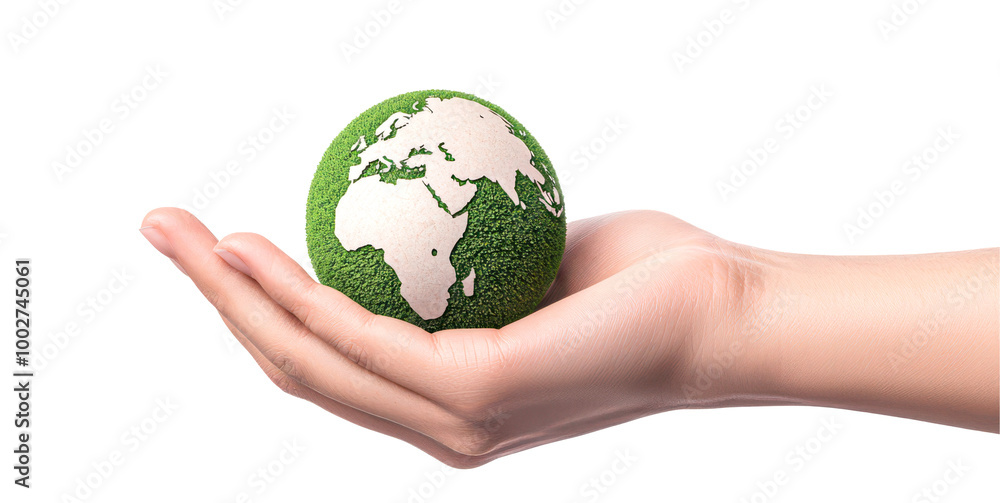 Hand gently cradles a green globe isolate on transparent background, png, cutout Hand gently cradles a green globe isolate on transparent background, png, cutout