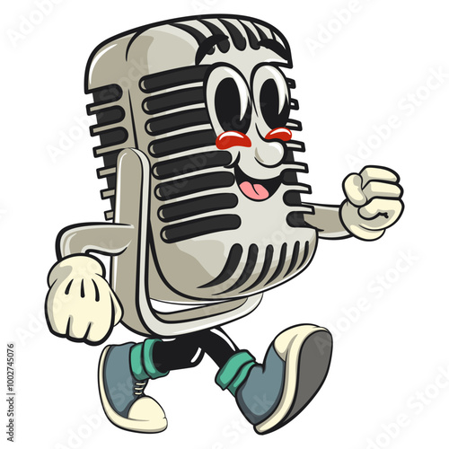 vintage microphone cartoon character mascot retro vector design walking, work of hand drawn