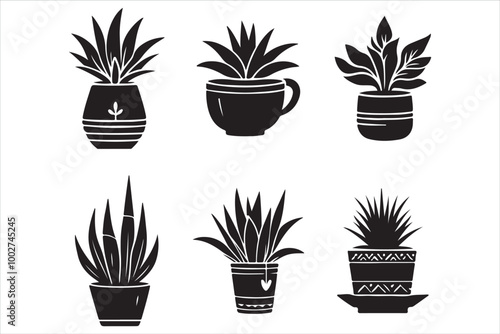 Stylish Black Potted Plants Vector Silhouette Collection