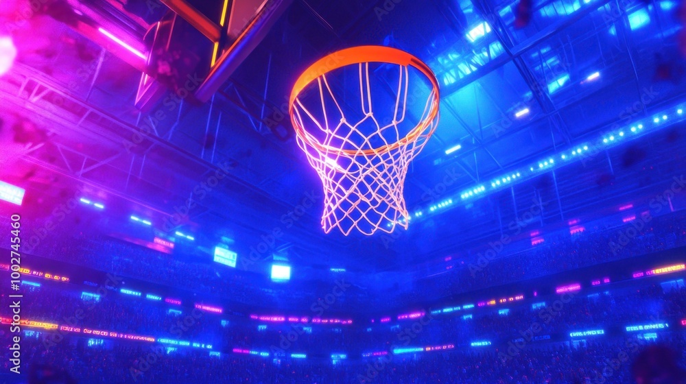 A basketball hoop hangs above a crowd in an arena, with colorful neon lights shining down on the scene. A basketball hoop hangs above a crowd in an arena, with colorful neon lights shining down on the scene.