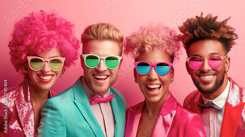 A lively team of two men and two women wearing colorful suits and sunglasses poses joyfully against a vibrant pink backdrop, showcasing their creative energy