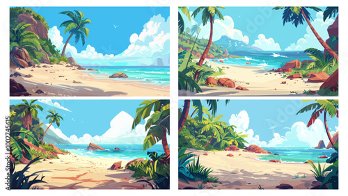 Tropical beach background. Summer vacation in paradise island, beautiful seascape nature sky water sea sand palm cartoon landscape vector illustration