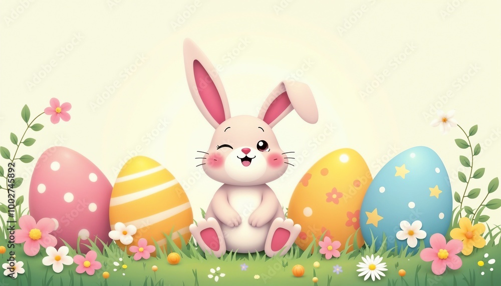 Obraz premium Cartoon illustration of a cute bunny with colorful Easter eggs, bright pastel colors, and a cheerful design