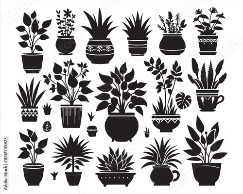 Stylish Black Potted Plants Vector Silhouette Collection