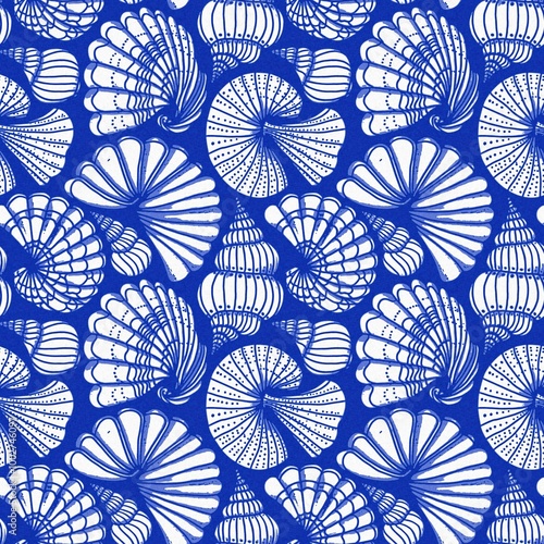 Azure blue white shell motif with linen seamless batik background, Modern coastal beach cottage rustic shell block print home decor pattern design in sealife beach style.