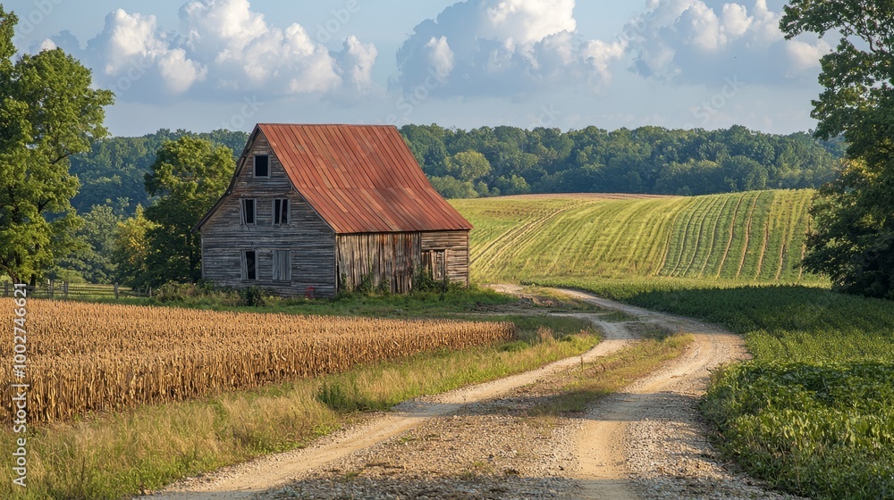 Obraz premium Abandoned barn in a rural landscape surrounded by fields