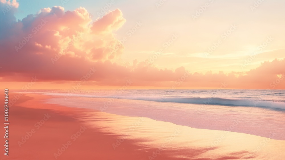 Fototapeta premium A pristine beach at dusk, the sky painted in vibrant shades of orange and pink