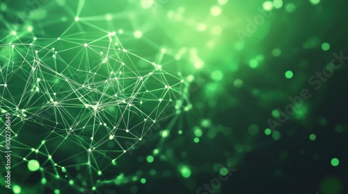 Abstract green background with glowing dots and lines forming a network pattern.