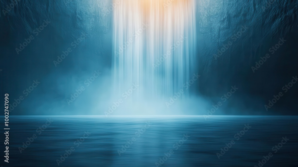A stunning waterfall cascading into a serene pool, surrounded by mist and illuminated by soft light. A stunning waterfall cascading into a serene pool, surrounded by mist and illuminated by soft light.