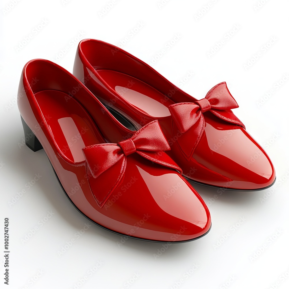 A pair of red shoes with a bow on the heel A pair of red shoes with a bow on the heel