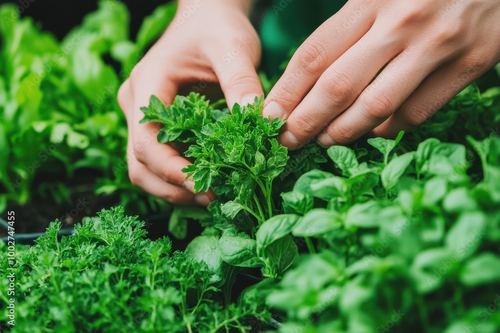 Hands picking fresh green herbs from a garden Hands picking fresh green herbs from a garden
