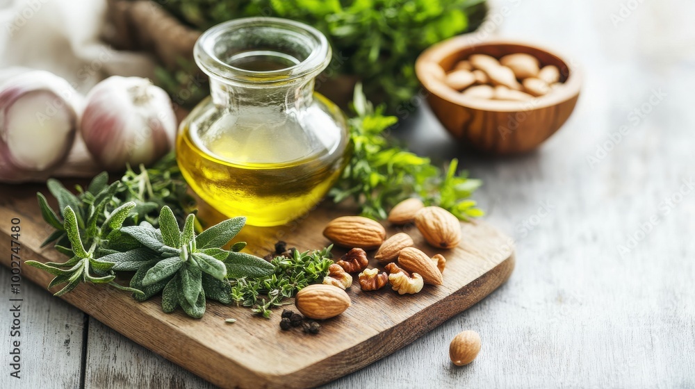 Olive oil with fresh herbs, garlic, and nuts on a rustic wooden board Olive oil with fresh herbs, garlic, and nuts on a rustic wooden board