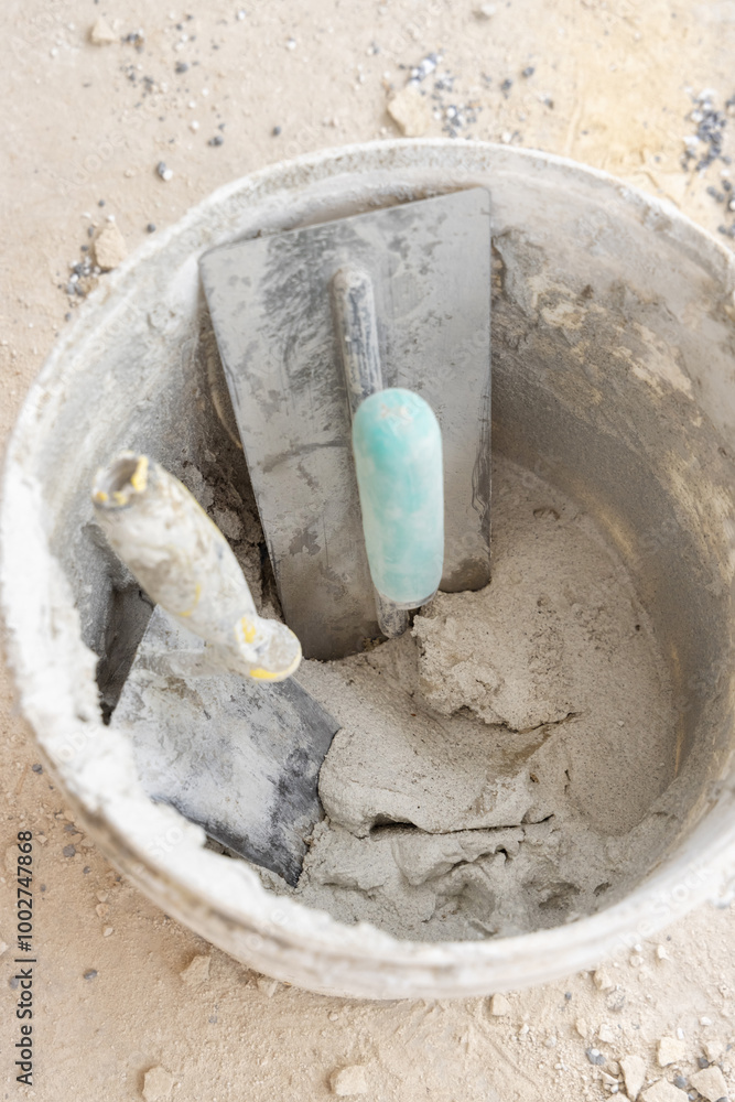 Bucket with cement or plaster with two trowels inside, both covered in cement residue, top view Bucket with cement or plaster with two trowels inside, both covered in cement residue, top view