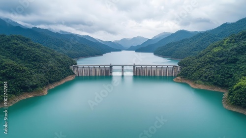 Fototapeta Naklejka Na Ścianę i Meble -  Aerial view of a serene lake with a dam surrounded by lush mountains under cloudy skies.