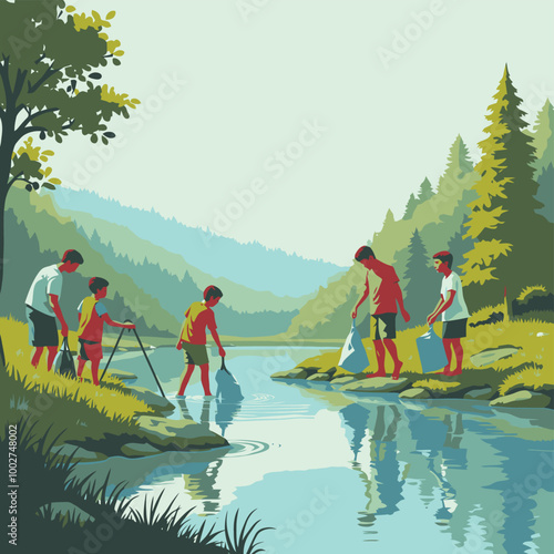 people are cleaning the river with a net
