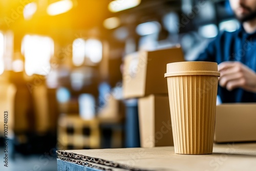 Takeaway coffee cup on a table in a warehouse setting with blurred background. photo