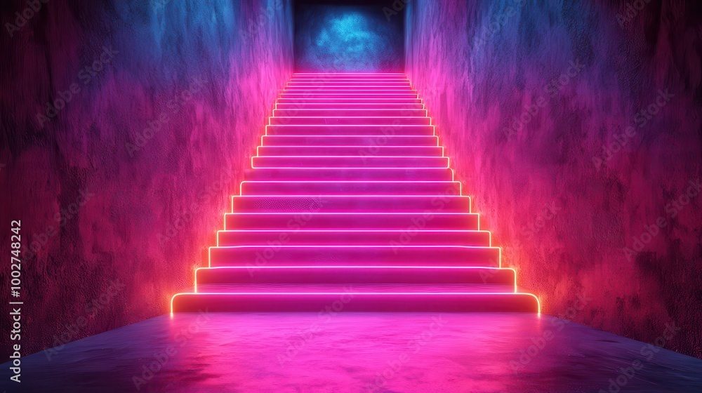 A visually striking staircase illuminated with vibrant neon lights, creating a surreal and enchanting atmosphere. A visually striking staircase illuminated with vibrant neon lights, creating a surreal and enchanting atmosphere.