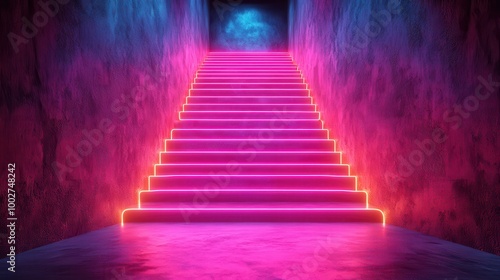 A visually striking staircase illuminated with vibrant neon lights, creating a surreal and enchanting atmosphere.