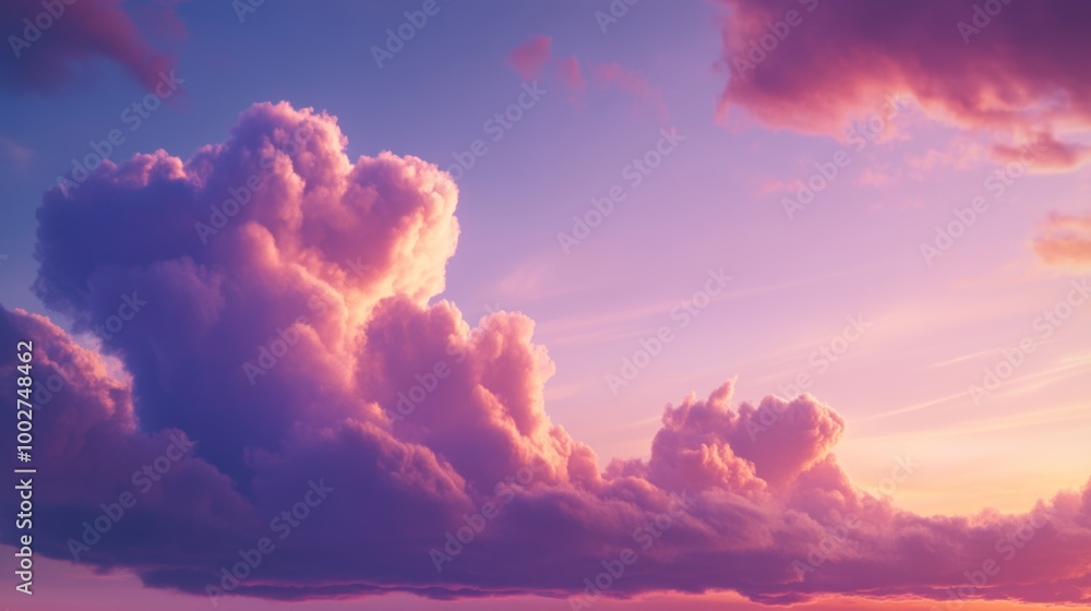 Naklejka premium A serene dusk sky with a few heart-shaped clouds drifting in soft lavender hues, The scene is ultra detailed