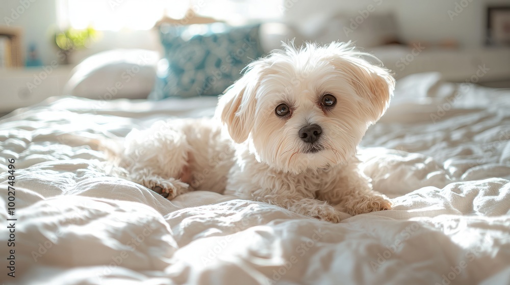 Cute small dog relaxing on a cozy bed in bright bedroom Cute small dog relaxing on a cozy bed in bright bedroom