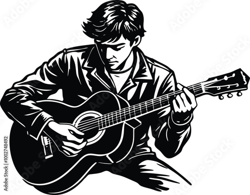 A young man plays his guitar on transparent background