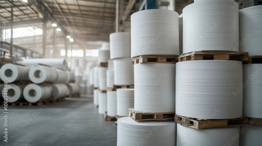 Stock of Stacked Paper Rolls in a Factory Warehouse for Industrial Use Stock of Stacked Paper Rolls in a Factory Warehouse for Industrial Use