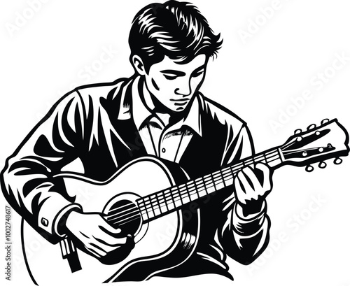 Young man plays his guitar on transparent background