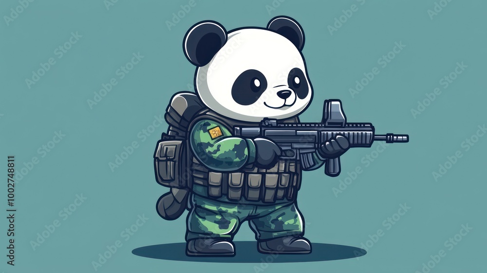 Cartoon panda dressed in camouflage and holding a gun. Cartoon panda dressed in camouflage and holding a gun.