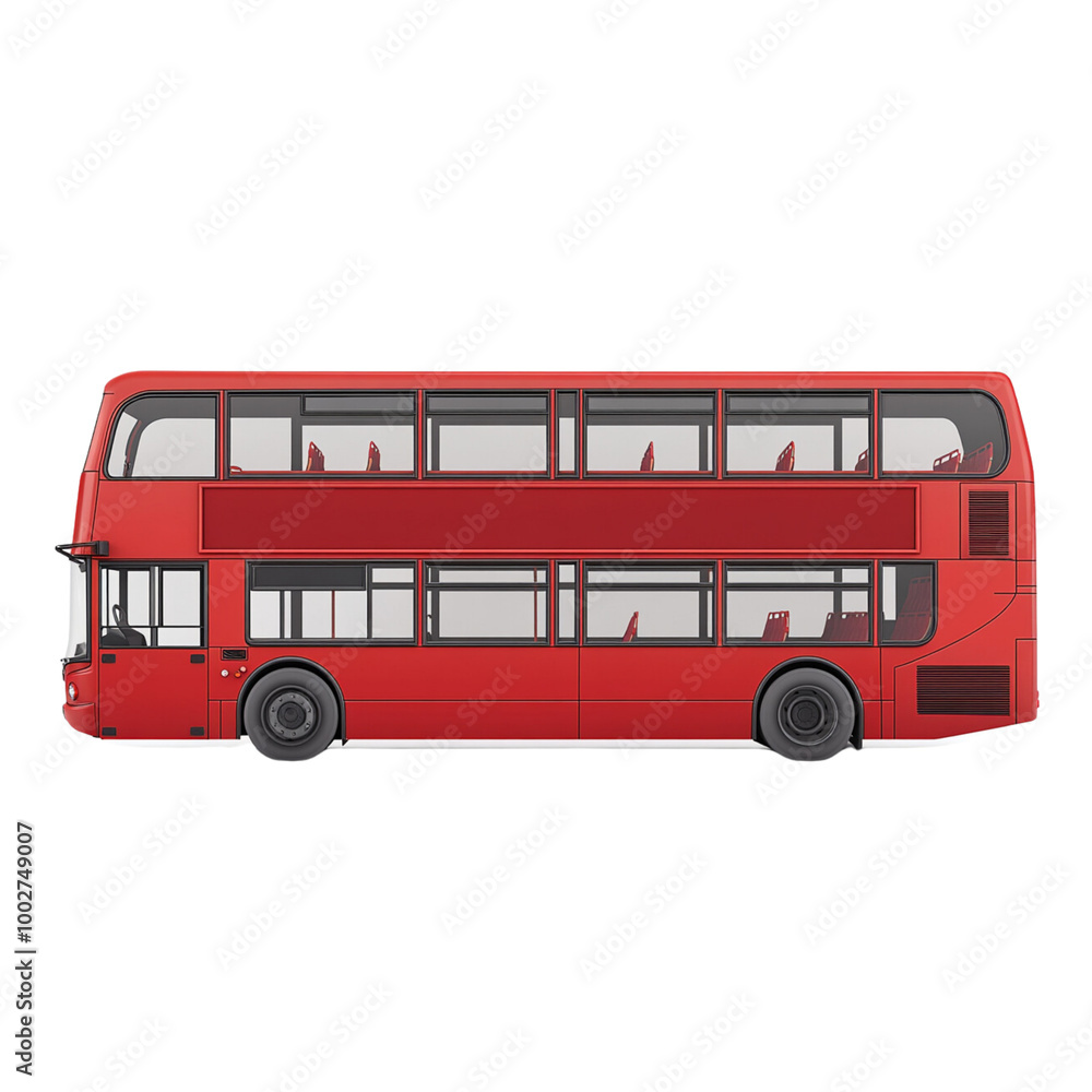 Red double-decker bus model side view white background PNG.
