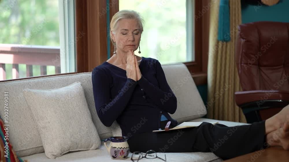 Mature blonde woman lady 50s or 60s years old wear praying hands folded begging making wish in home living room.