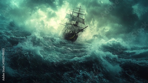 Old ship braving through a stormy sea with dark clouds and strong waves