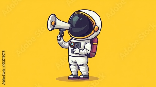 Cartoon astronaut holding a megaphone with a yellow background. photo