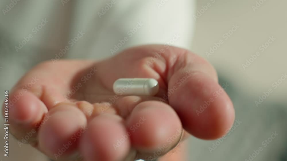 Close-up of man pouring white capsules from green bottle into hand. Person is taking pills or vitamins. Concept of supplements, medicine or health care