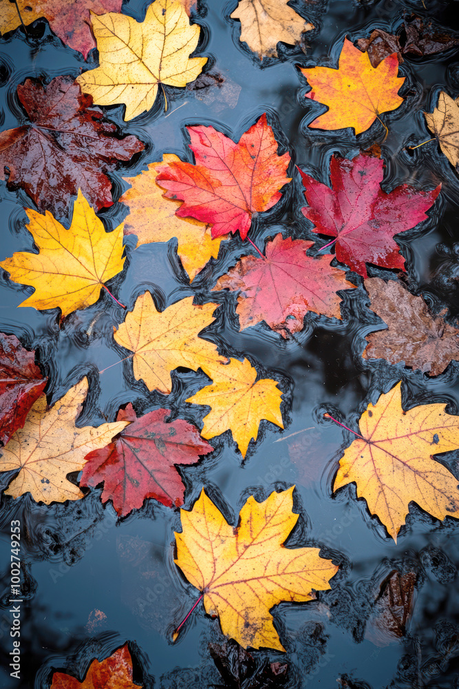 Coloured wet leaves lying on a wet road. AI generativ. Coloured wet leaves lying on a wet road. AI generativ.