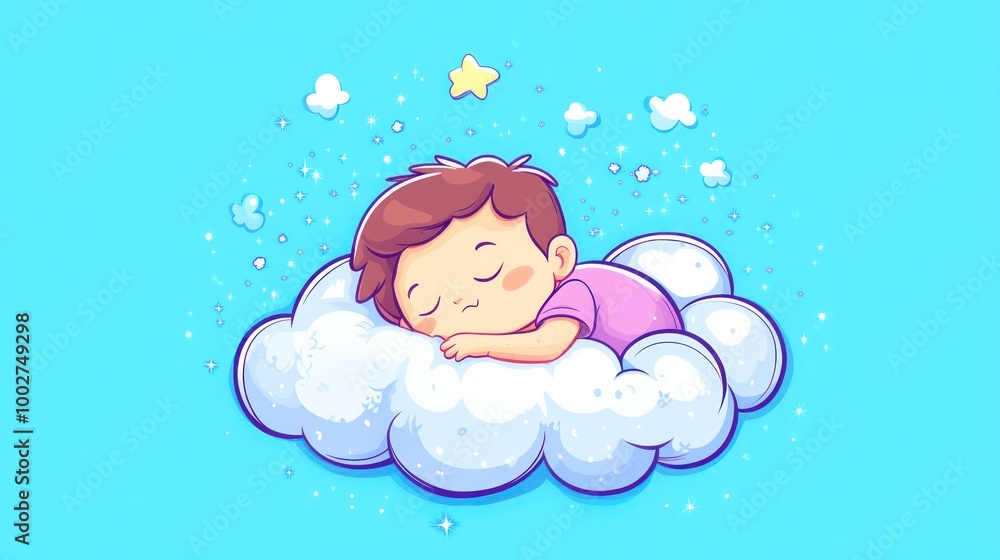 A cute cartoon boy sleeping on a fluffy cloud, surrounded by twinkling stars, dreaming sweet dreams. A cute cartoon boy sleeping on a fluffy cloud, surrounded by twinkling stars, dreaming sweet dreams.
