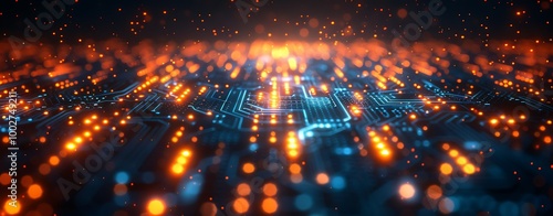 Futuristic cyberspace grid with glowing particles. Futuristic Background. photo