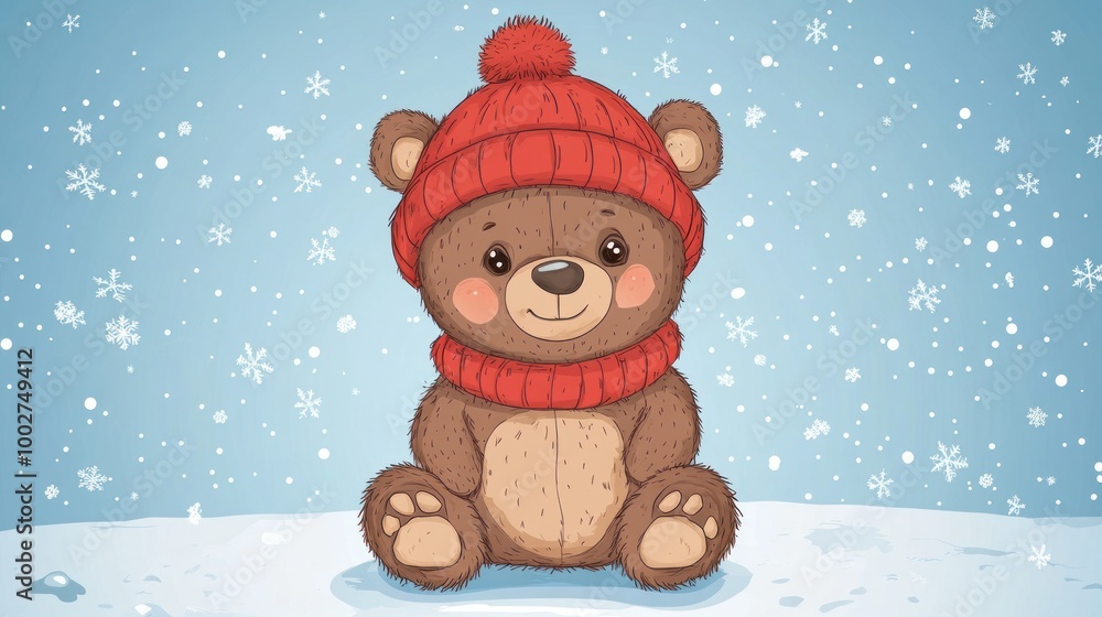Cute cartoon brown bear wearing a red knitted hat and scarf sitting in the snow with snowflakes falling. Cute cartoon brown bear wearing a red knitted hat and scarf sitting in the snow with snowflakes falling.