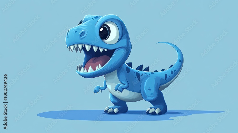Cartoon blue dinosaur with big eyes standing on blue background. Cartoon blue dinosaur with big eyes standing on blue background.