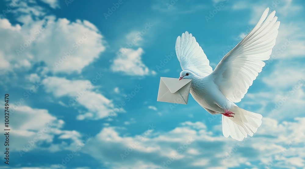 Obraz premium A white dove flying through a bright blue sky, holding an envelope in its beak, symbolizing peace and messages.